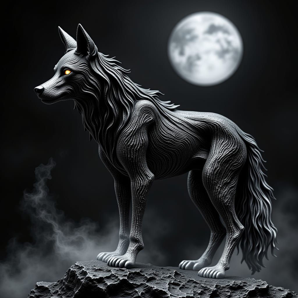 Metallic Wolf Before Marble Castle Under Black Moon