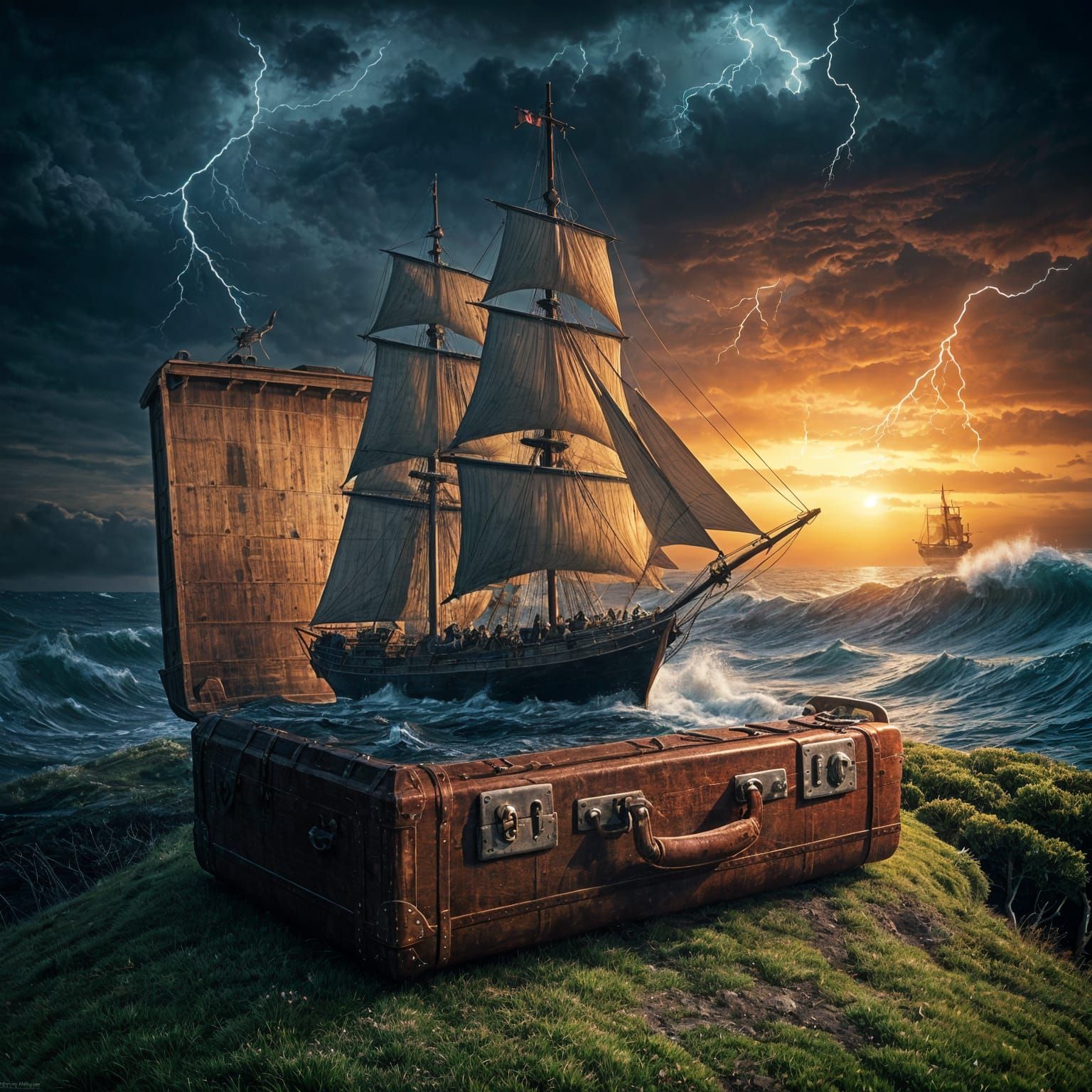 Tall Ship in Stormy Seas Inside Leather Suitcase