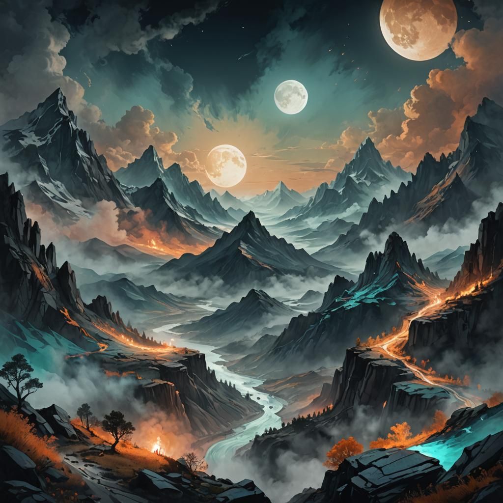 Moody Mountain Landscape with Moon in Watercolor