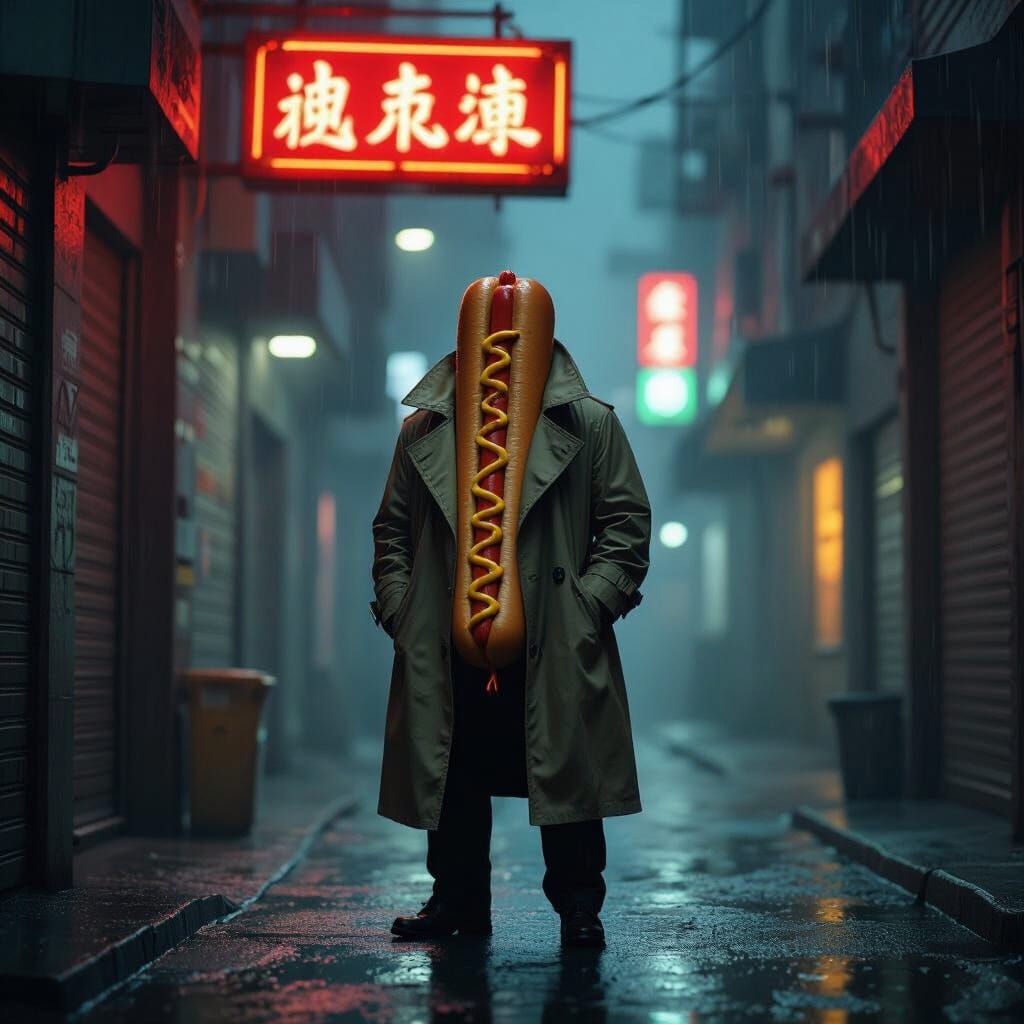 Cyberpunk Hotdog Detective in Neon Alley