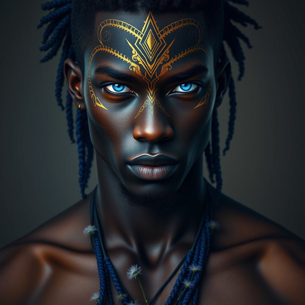 A head of a beautiful utopian man at the bare chest with dar...