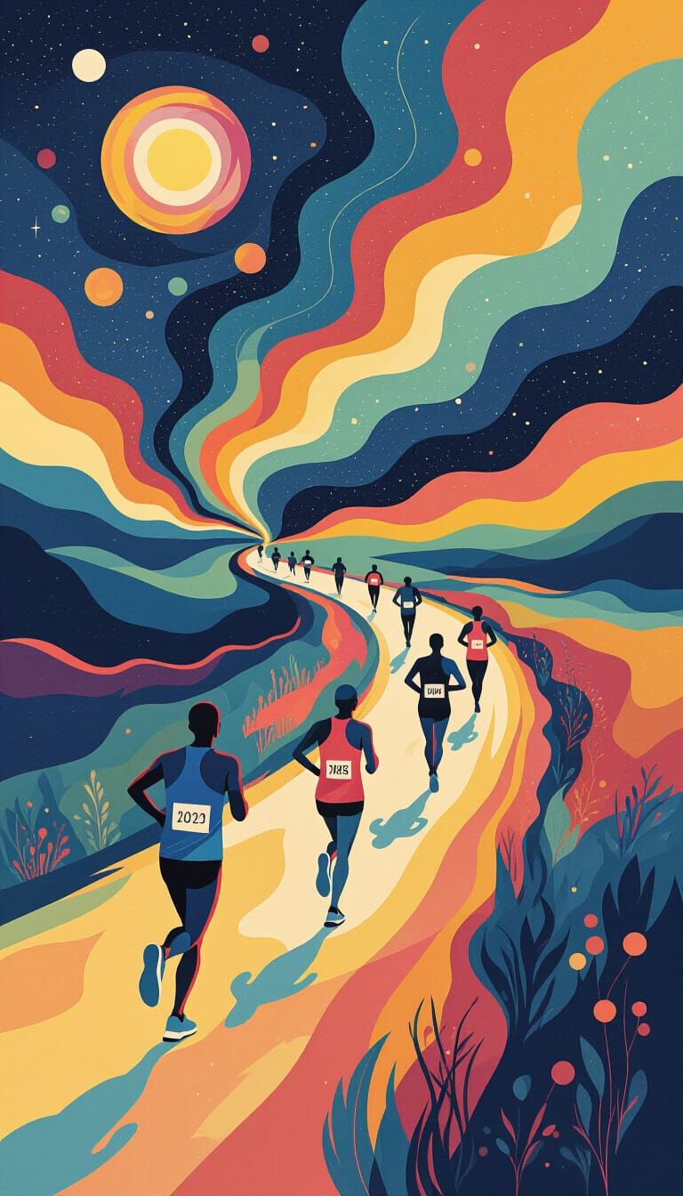 Dreamlike Marathon Poster: Abstract Runners in Cosmic Landsc...