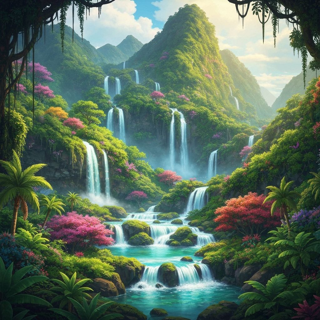 Vivid Tropical Mountain Landscape with Waterfalls