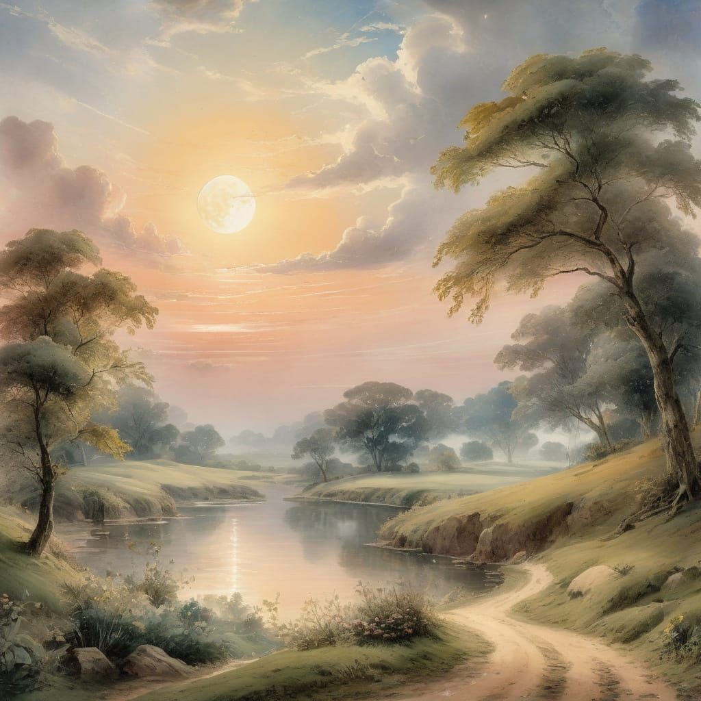 Romantic Landscape: Sun and Moon in Watercolor Style