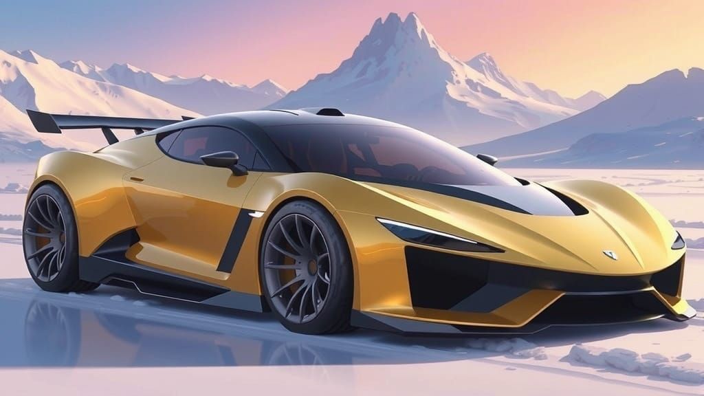 Futuristic Supercar Speeds Down Mountain Road at Sunset