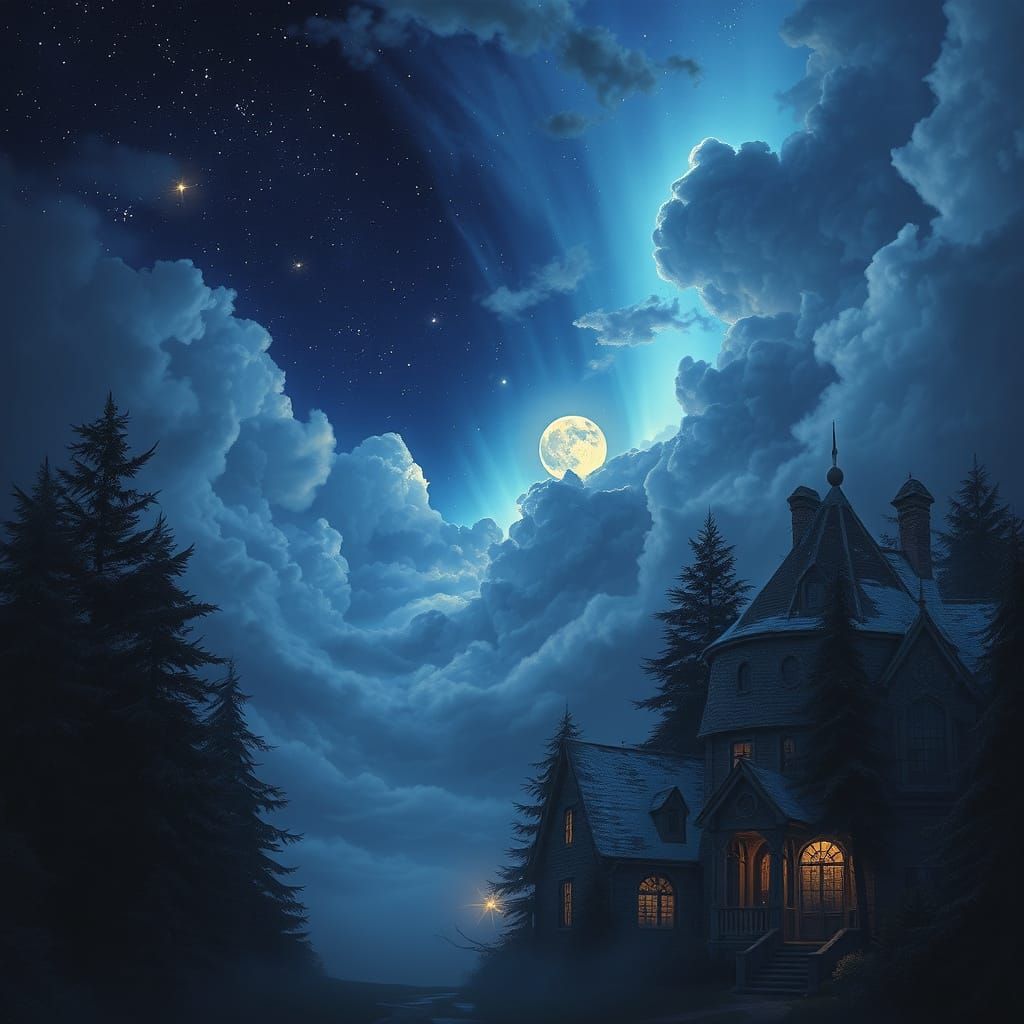 Ethereal Noctilucent Clouds in Dark Sky, Fantasy Art