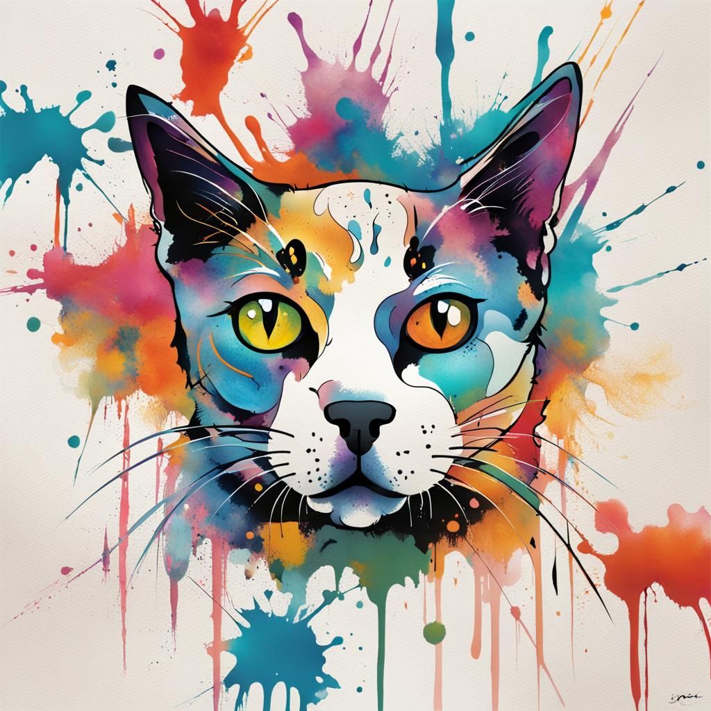 Calligraphic Norwegian Forest Cat with Colorful Ink