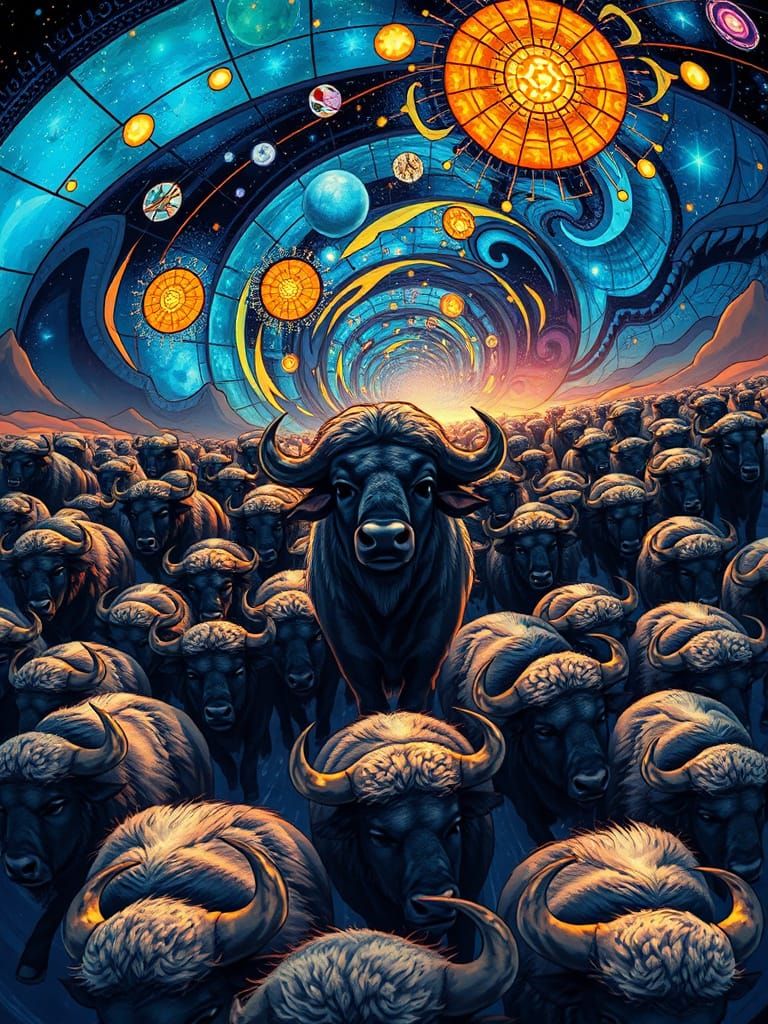 Buffalo Stampede in Cosmic Tornado: Anime-Inspired Art