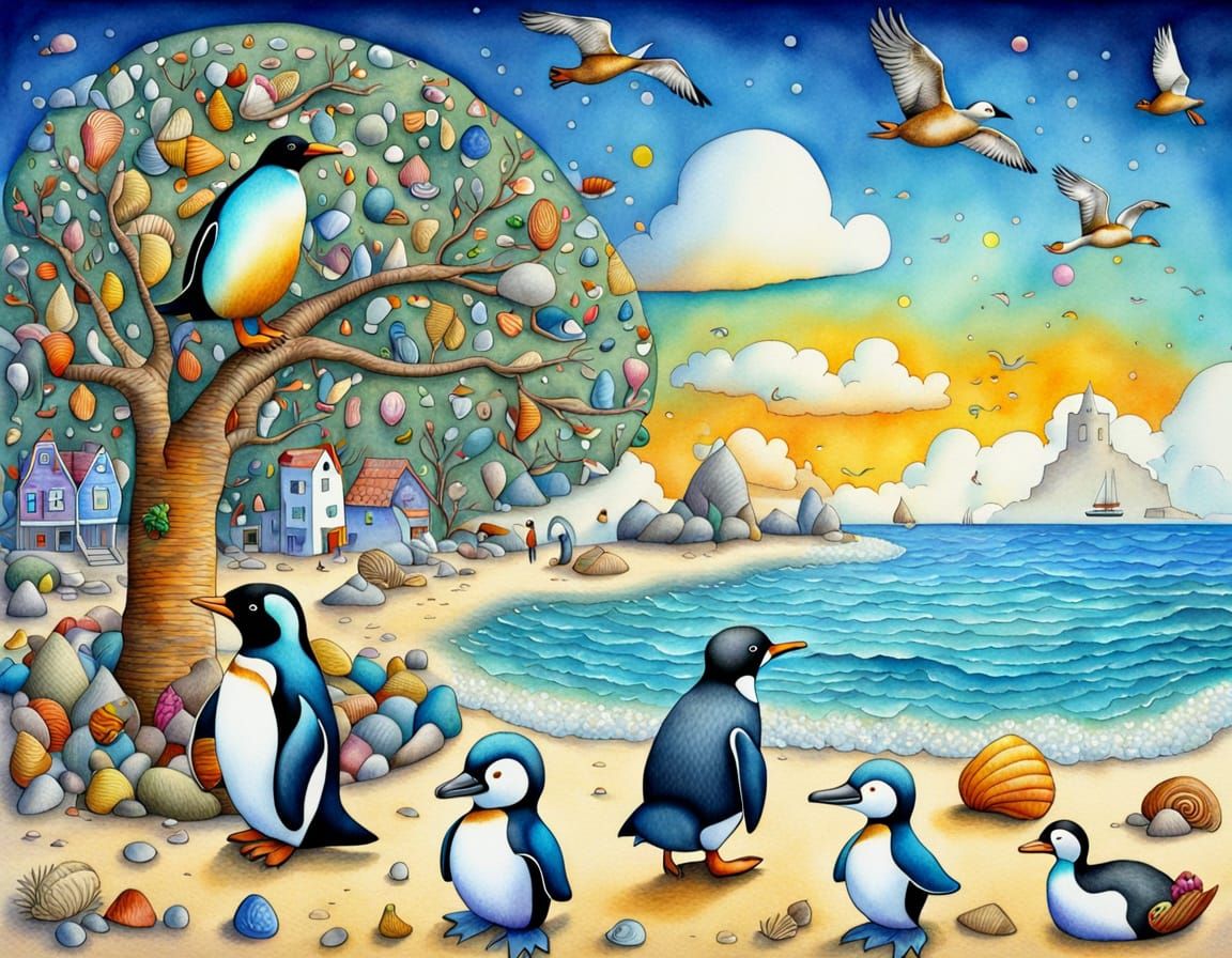 Happy Penguin in Beach Holidays Scene