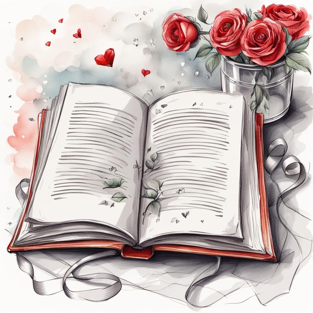 Sketch of Open Book with Romantic Theme