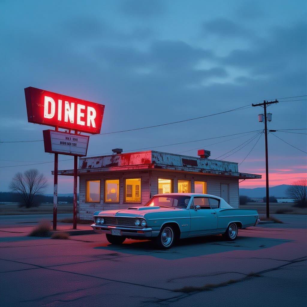 Abandoned Diner and Muscle Car at Twilight