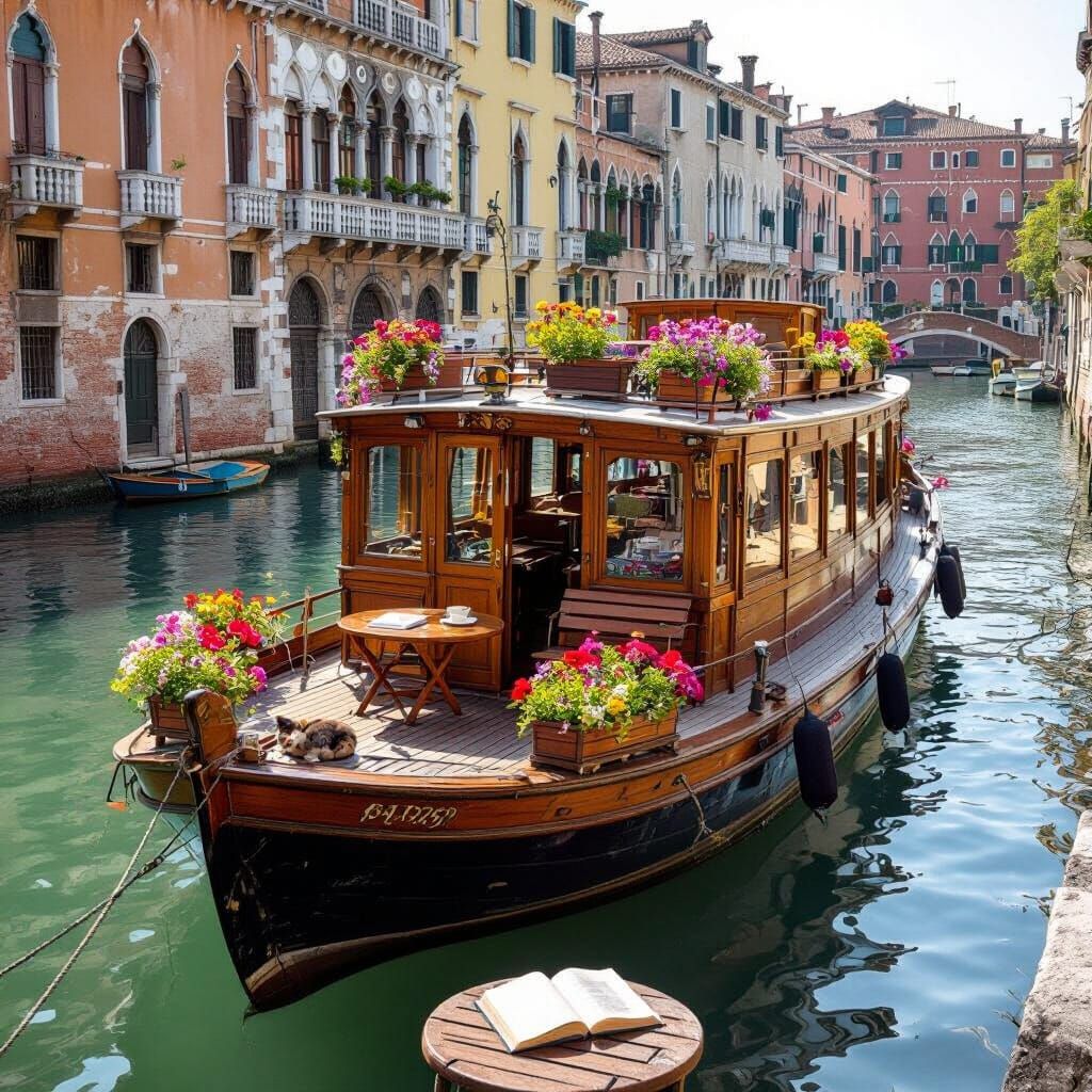 Restored Vintage Houseboat with Blooming Rooftop Garden