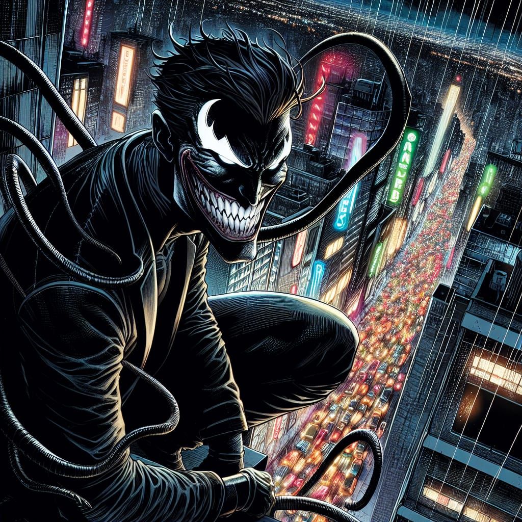 Grinning Superhero Watches City, Comic Book Art