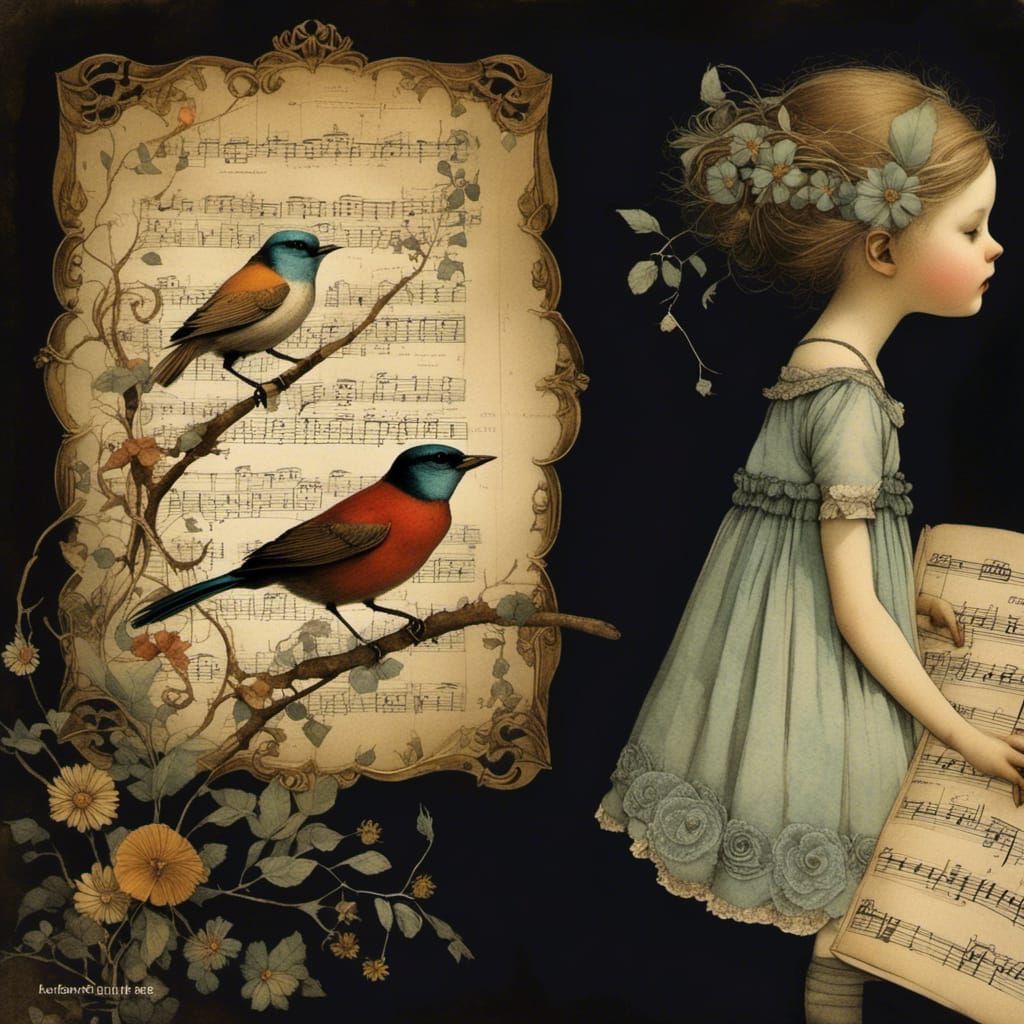 Bird Collage with Music Sheets and Maps