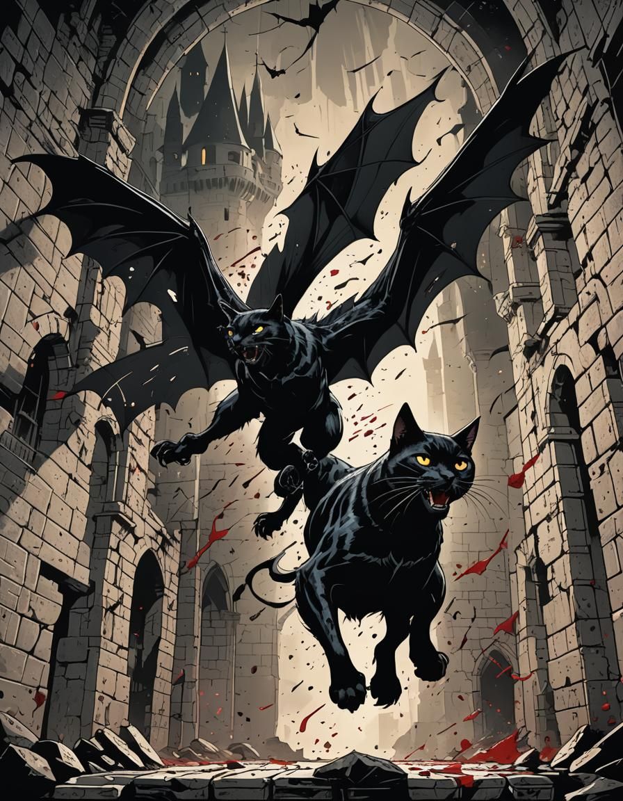 Noir Comic Black Cat with Wings Illustration