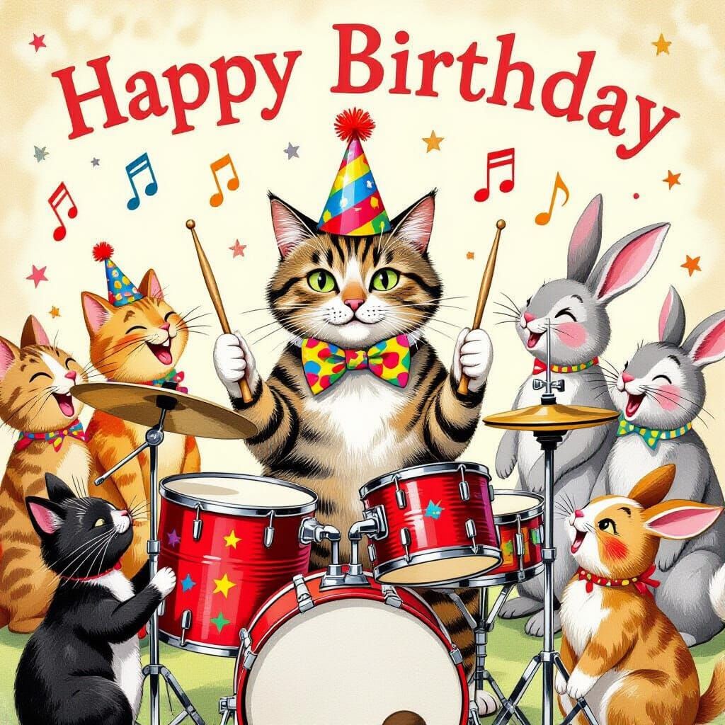 Animals Sing Happy Birthday to Cat in Party Hat