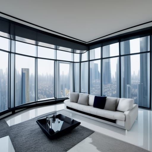 Futuristic Minimalist Living Room Overlooking City