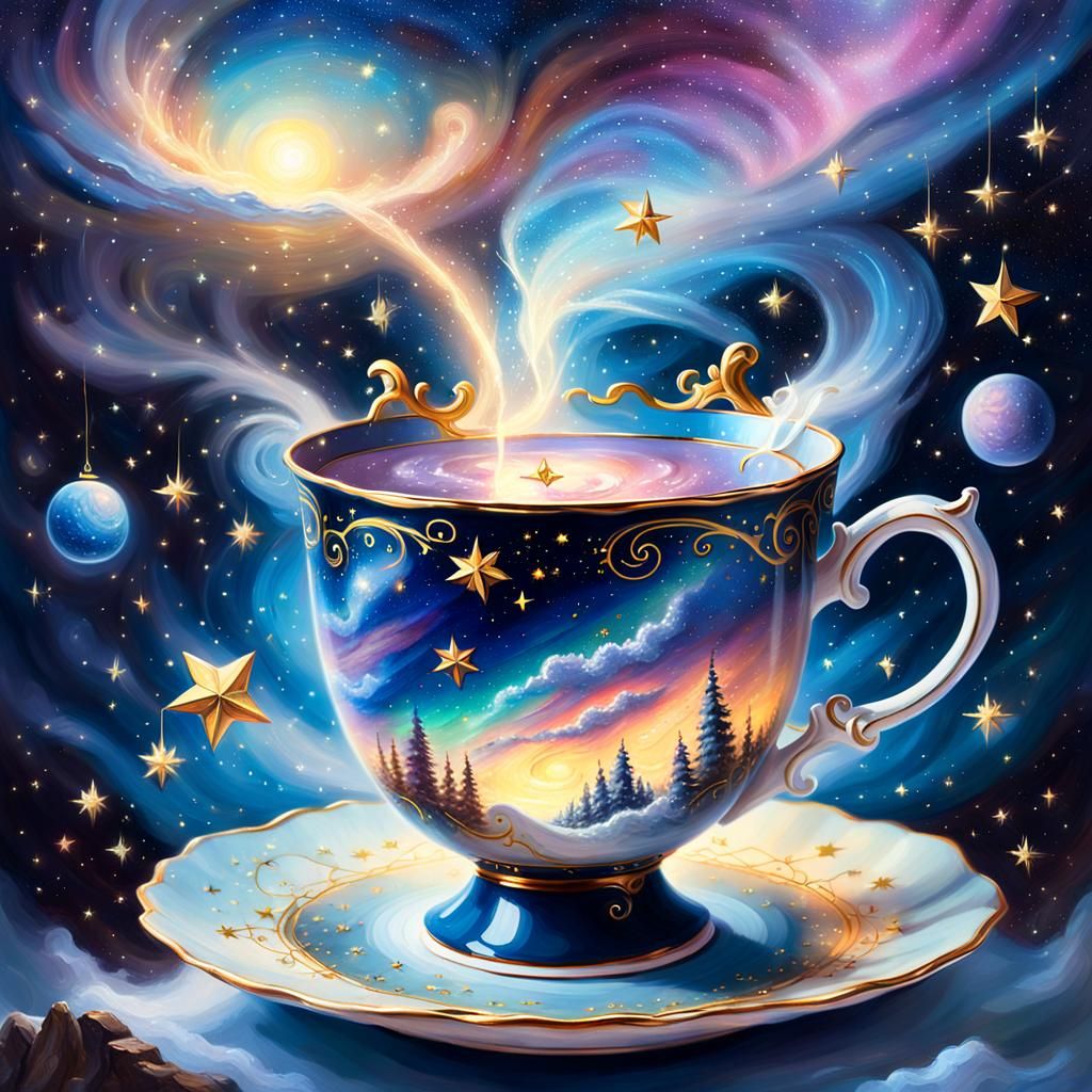 Celestial Teacup in Starry Sky: Fantasy Realism