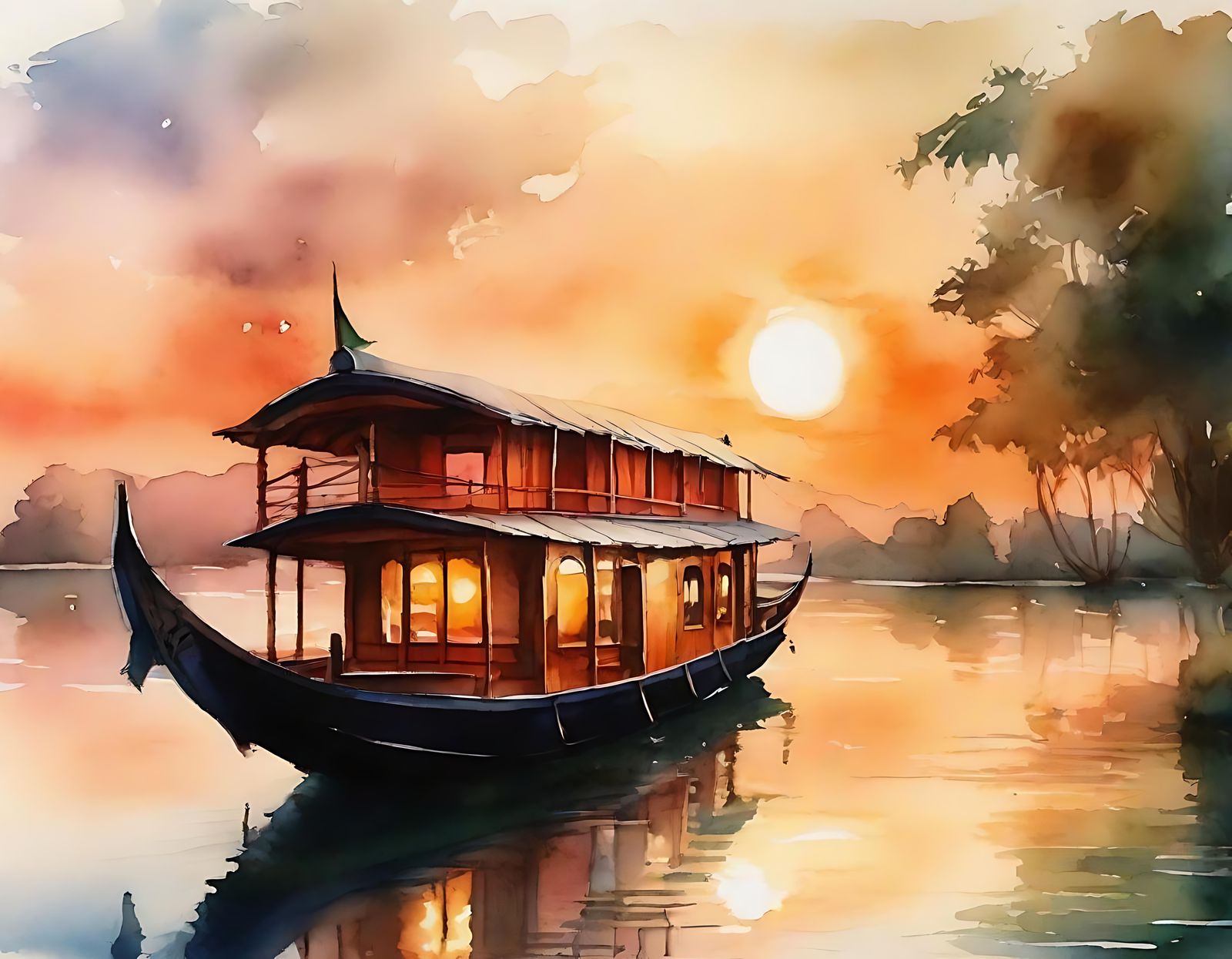Cozy Shikara Houseboat at Sunset in Watercolor Style