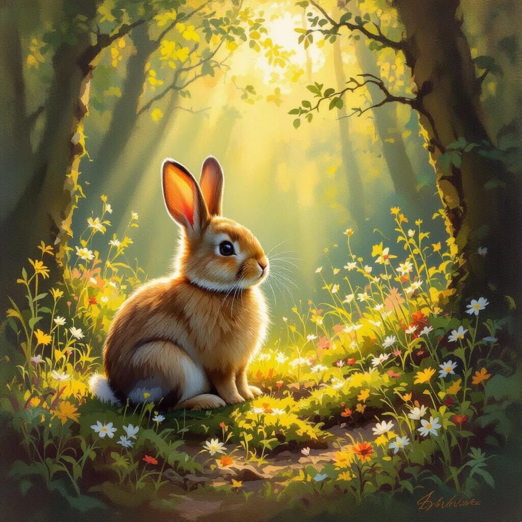 Fluffy Rabbit in Sun-Dappled Forest, Impressionistic Oil Pai...
