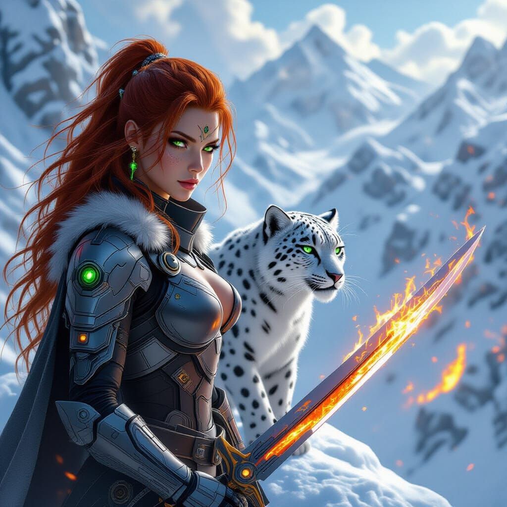Futuristic Cyborg Warrior with Blazing Sword and Snow Leopar...