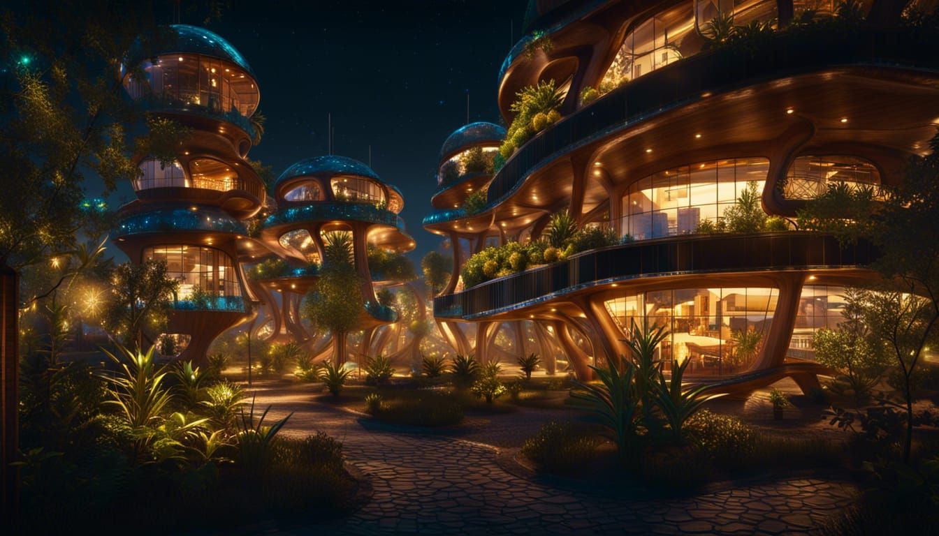 Futuristic Small Town at Night in Retrofuturism Style