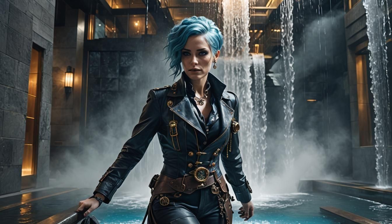 Steampunk Woman Enters Waterfall at Night