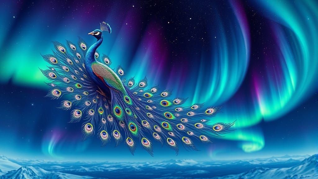 Ethereal Peacock Emerging from the Aurora Borealis in Digita...