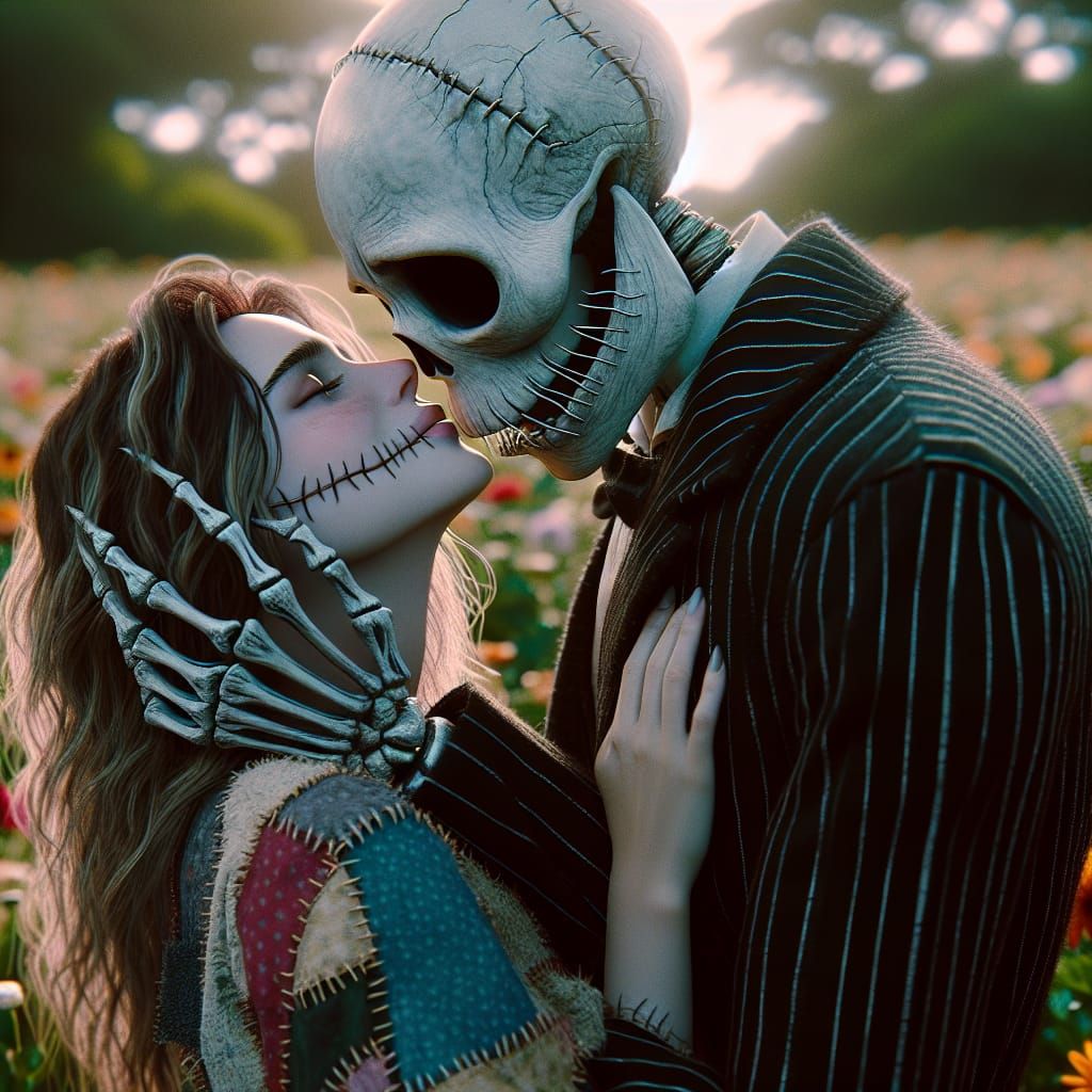 Romantic Embrace of Skeleton and Blue Woman