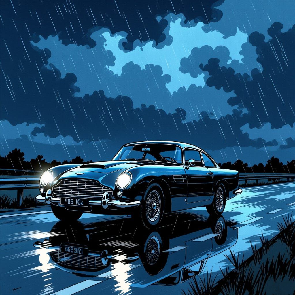 Vintage Aston Martin DB5 Under Stormy Twilight Sky