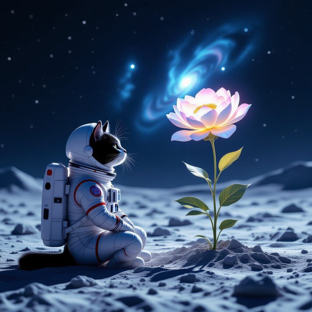 Tuxedo Cat Astronaut Finds Glowing Flower on Moon