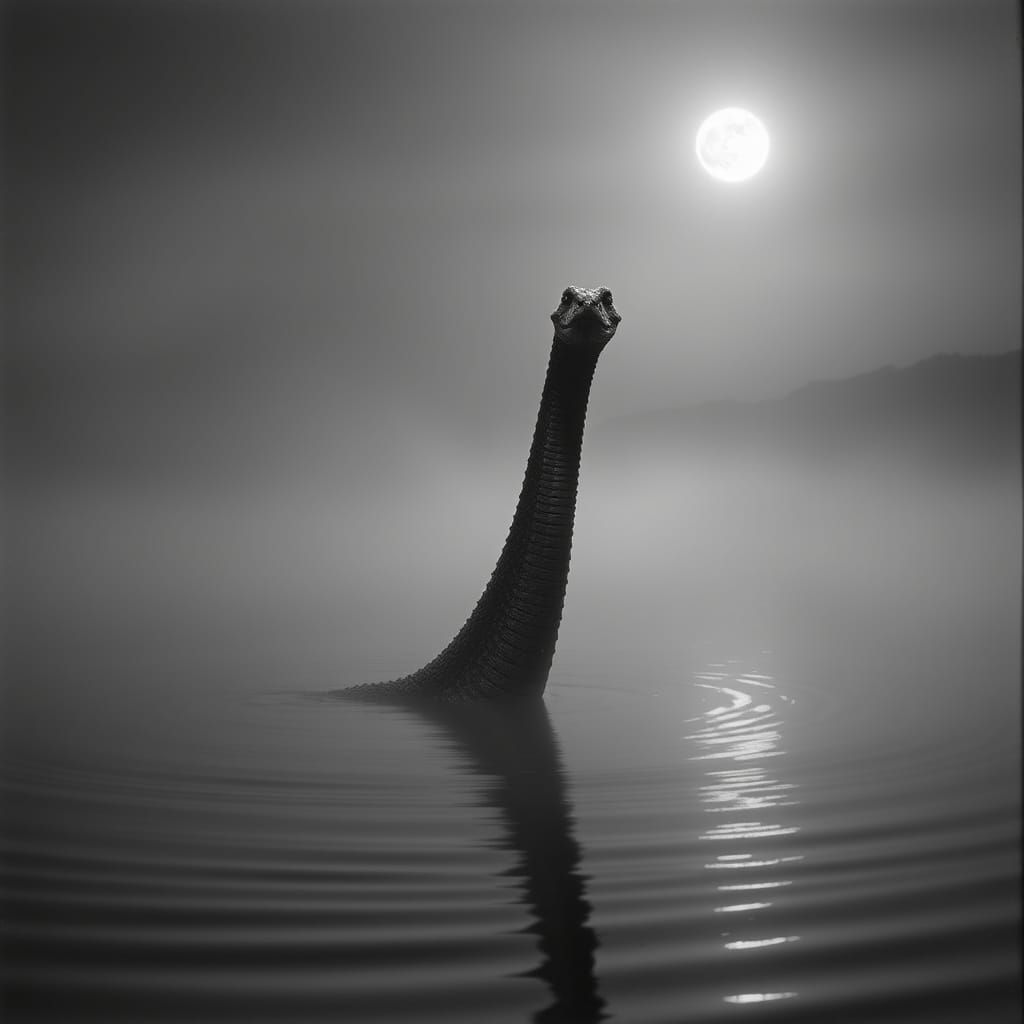 Moonlit Loch Ness Serpent Rises from the Depths in Black-and...