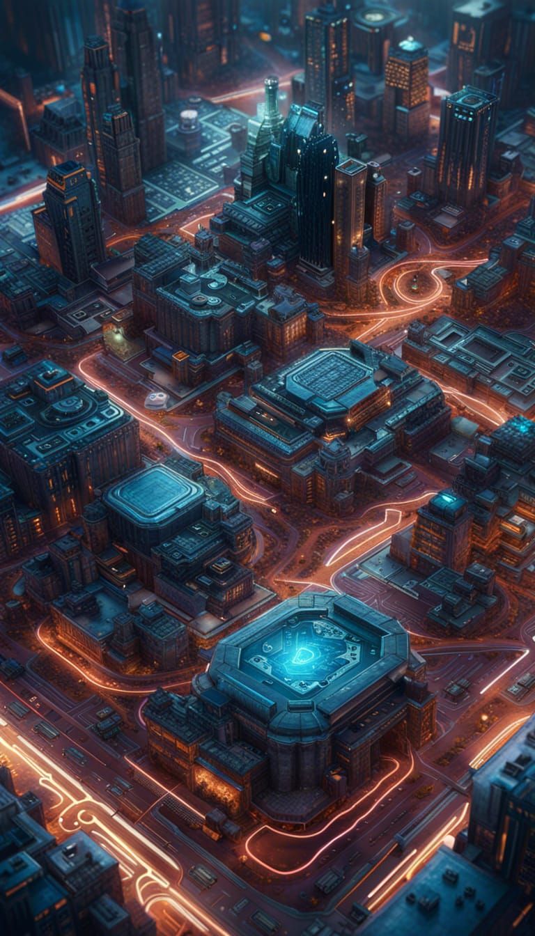 AI Cityscape on Circuit Board: Detailed Concept Art