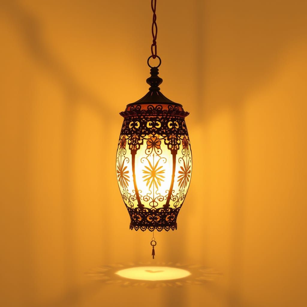 Whimsical Lantern with Heart-Shaped Shadow in Golden Glow