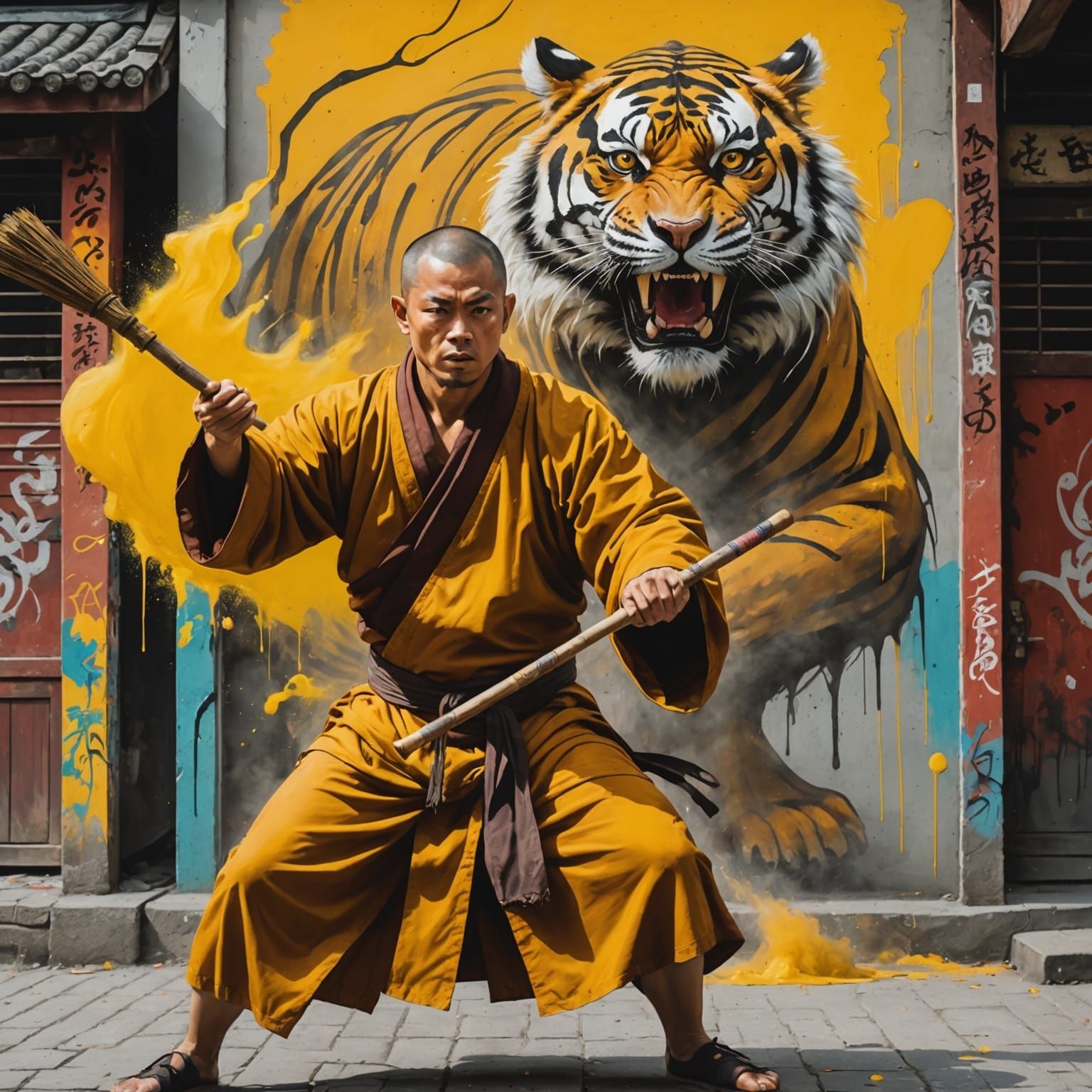 Monk with Tiger Spirit Aura in Graffiti Art