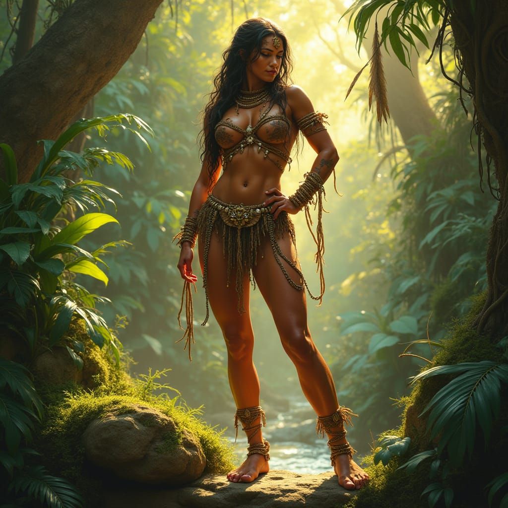 Amazonian Warrior Goddess Radiates Power in Jungle Clearing