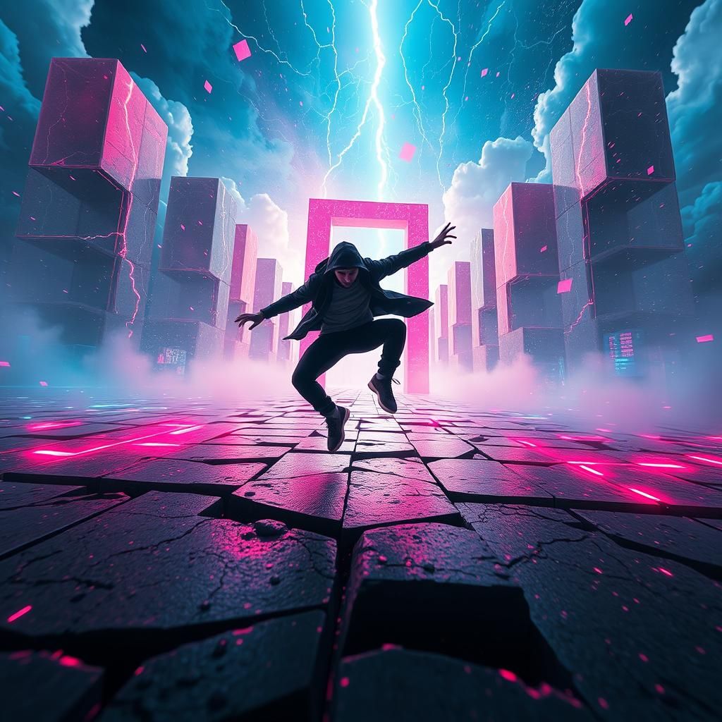 Cyberpunk Parkour in Eroding Cubic Cityscape