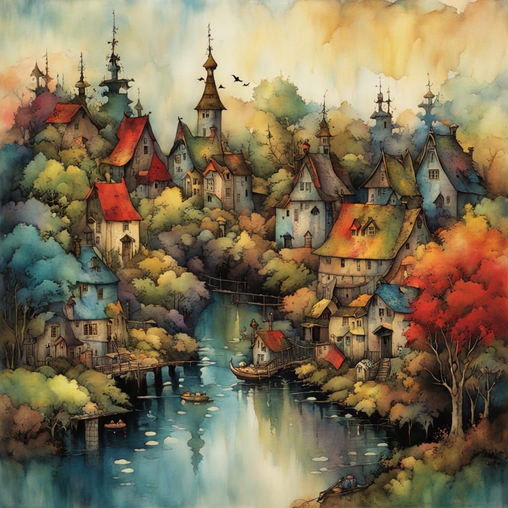 Vibrant Whimsical Village Scene in Colorful Brushstrokes
