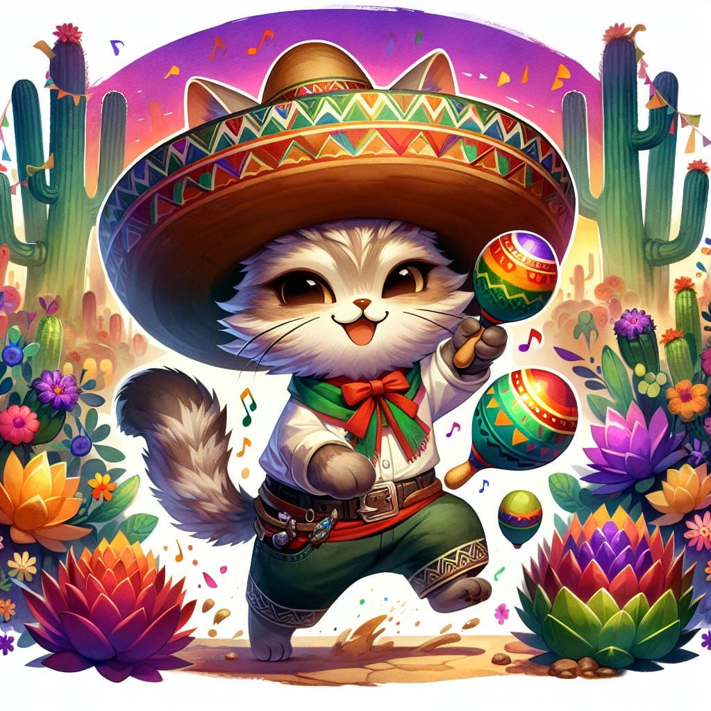 Soulful Cat's Mexican Fiesta in Watercolor Style