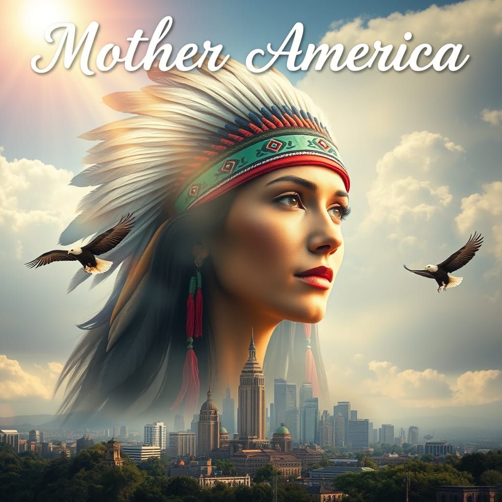 Ethereal Native American Goddess Soars Above a Bustling City