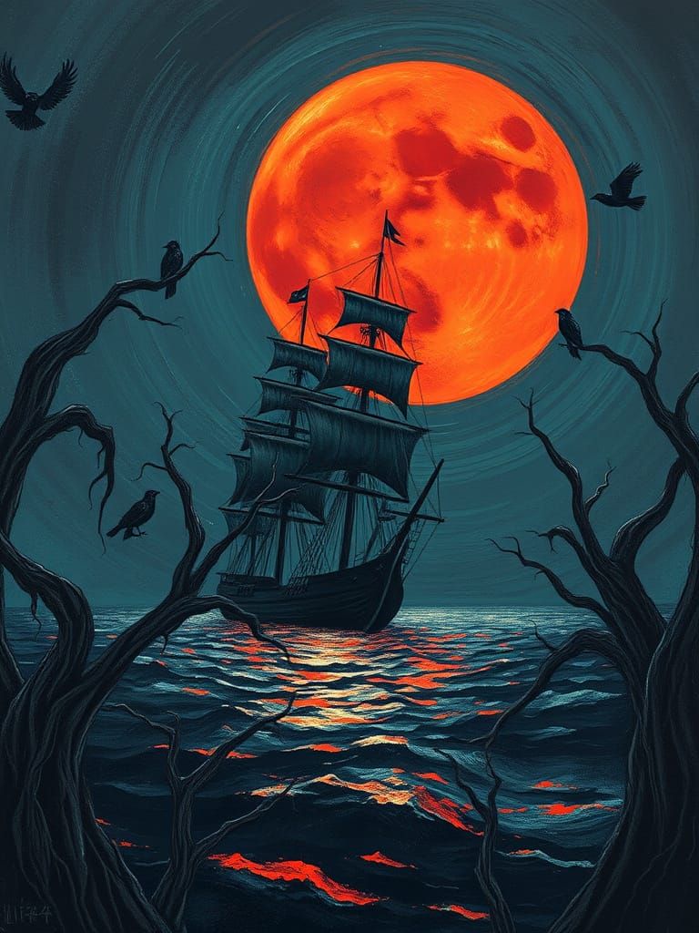 Tall Ship Under Red Moon in Impasto Style