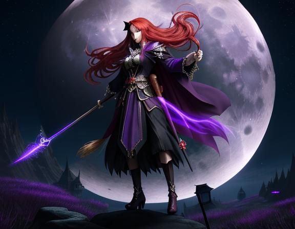 Anime Witch Soars on Broomstick in Moonlight