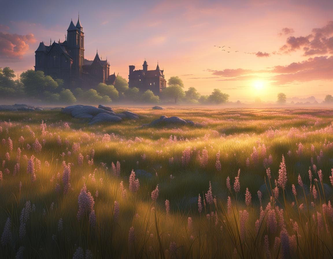 Spring Meadow Sunrise: Fantasy Concept Art