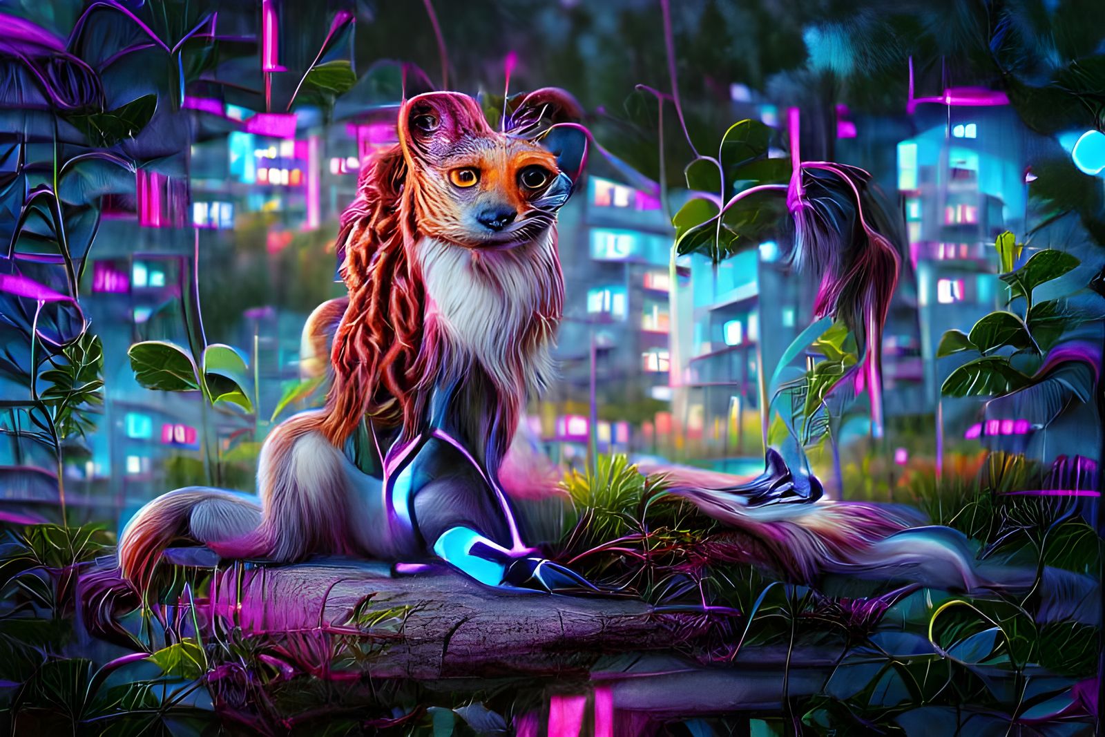 Cyberpunk Nature: Neon Cyborg Fox in the Wild