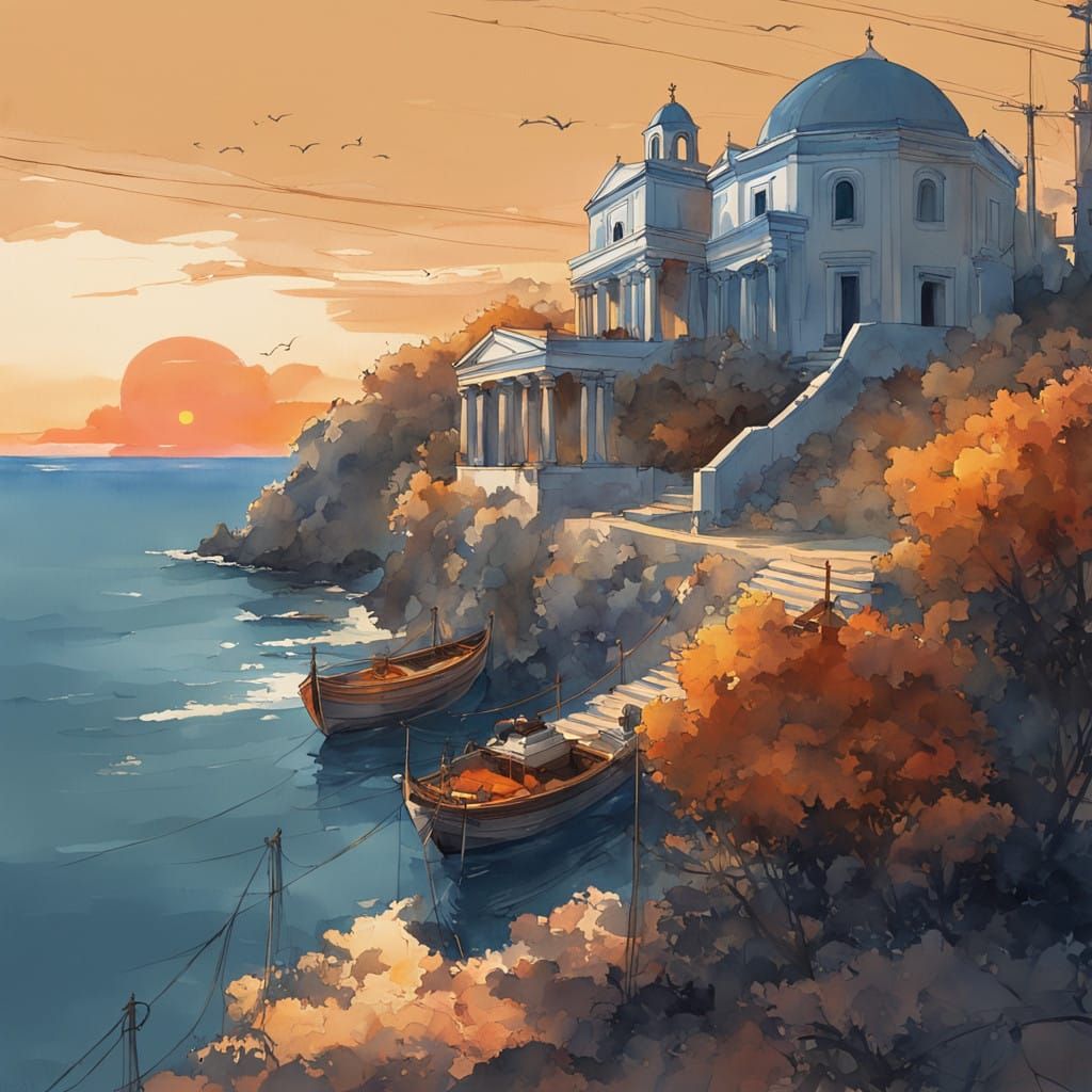 Dreamy Greek Coastline at Sunset, in Whimsical Watercolor St...