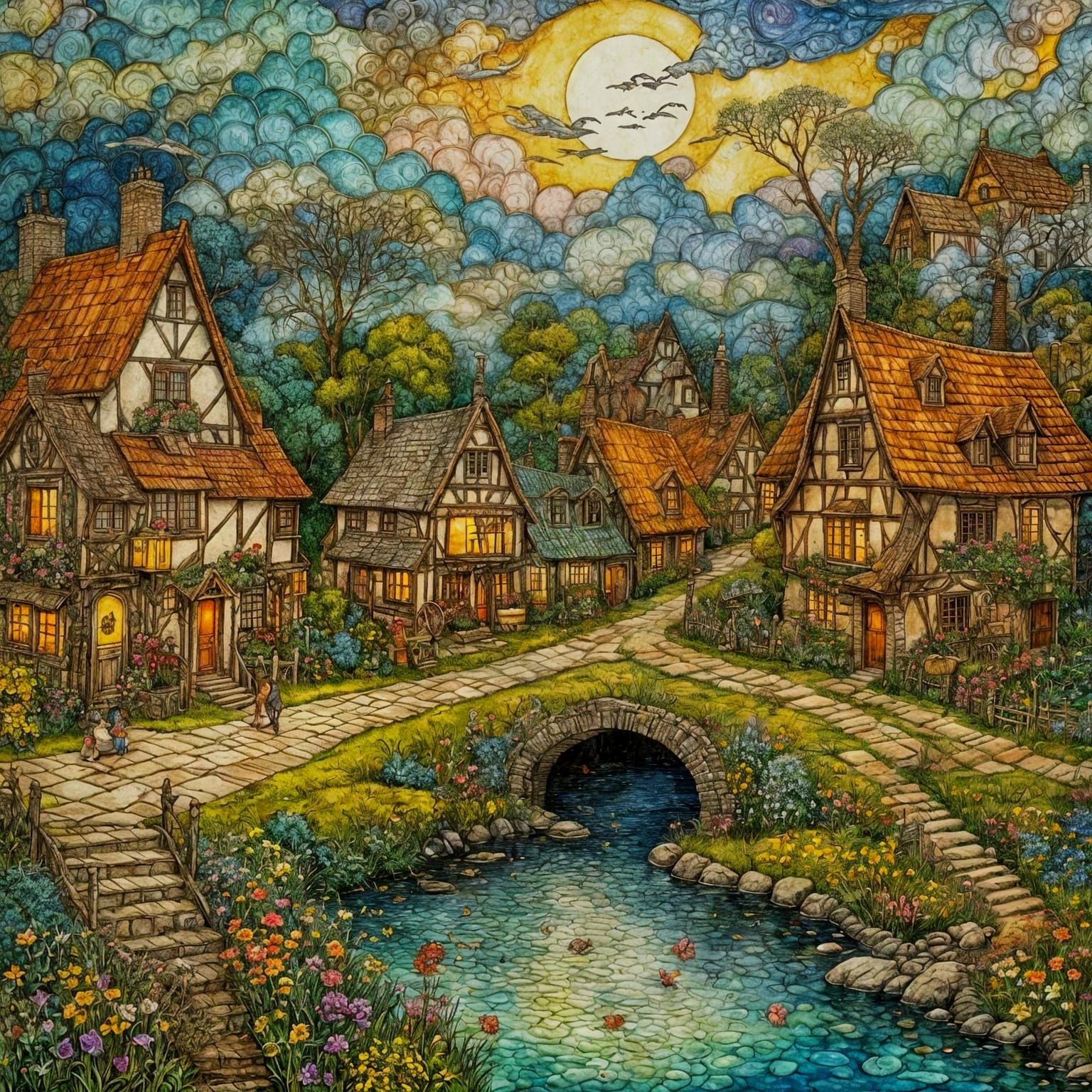 Whimsical Village Illustration in Patchwork and Decoupage St...