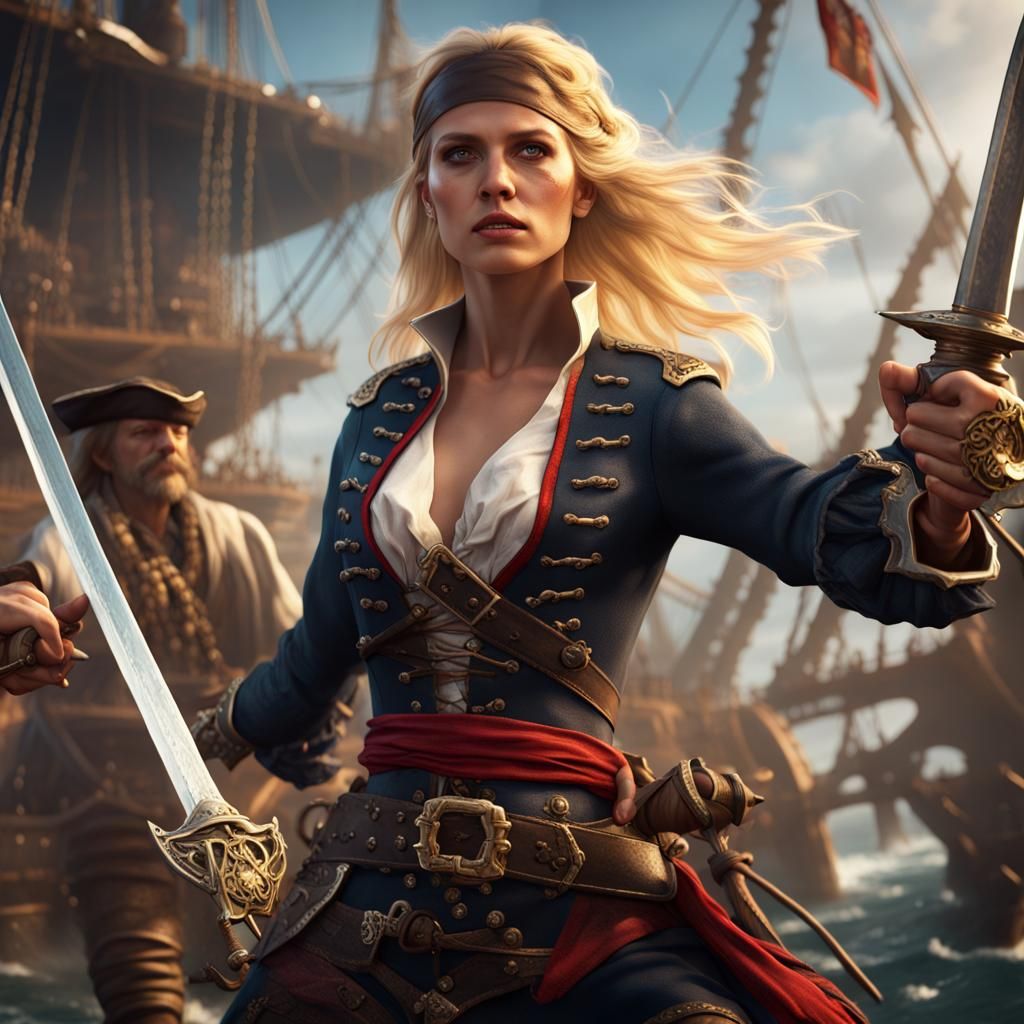 Pirate Woman Sword Fight: Detailed Fantasy Art