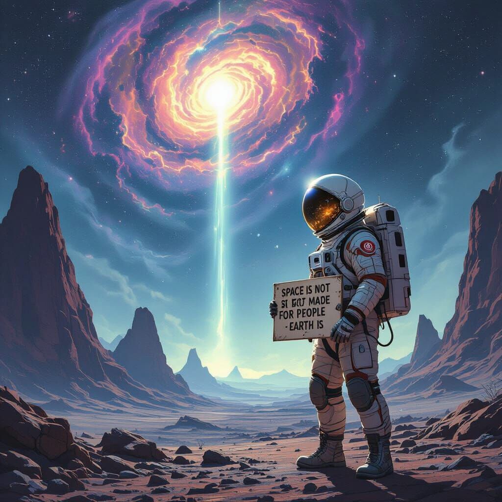 Astronaut on Alien Planet Gazing at Nebula in Retro Sci-Fi S...