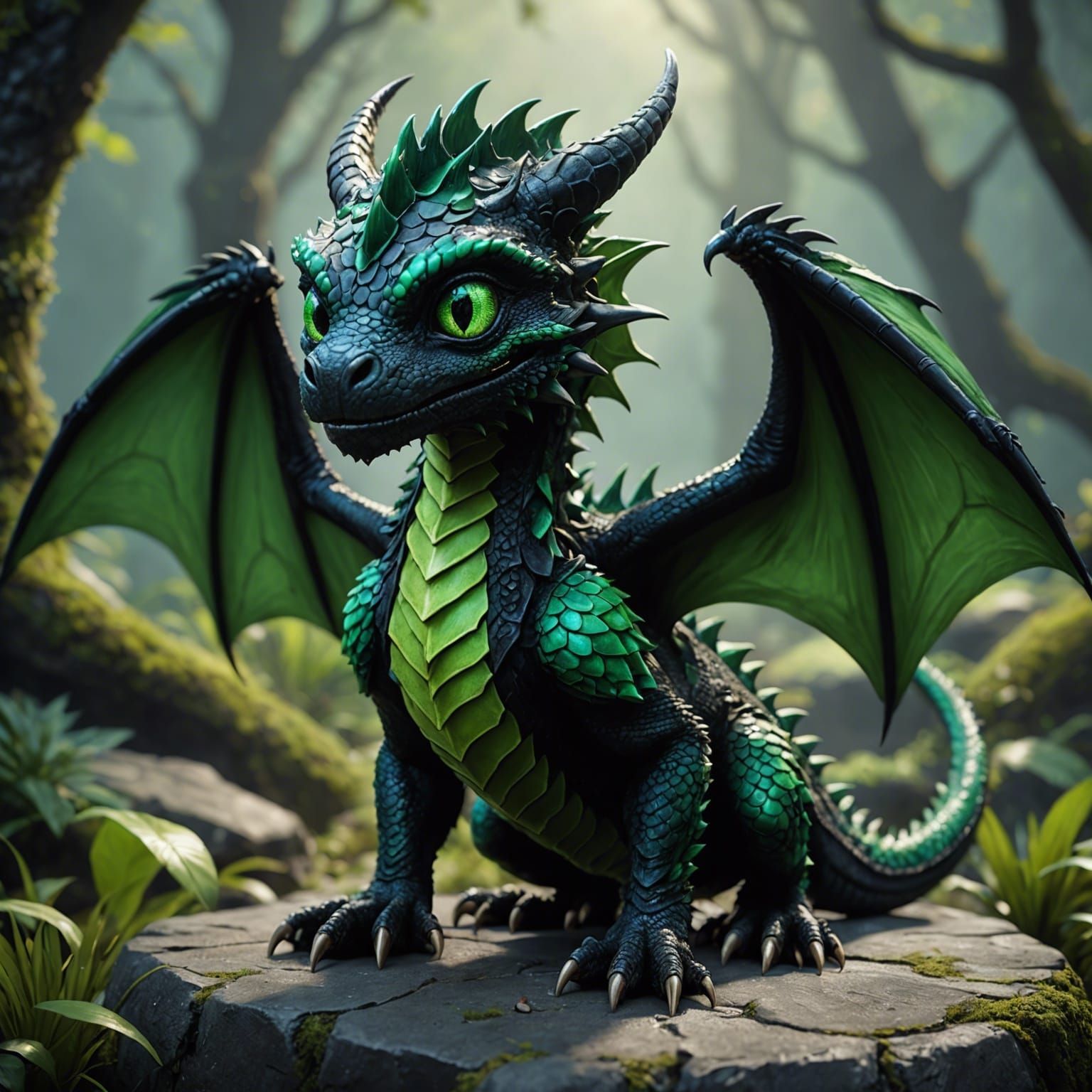 Detailed Matte Painting: Black and Green Dragon Pet