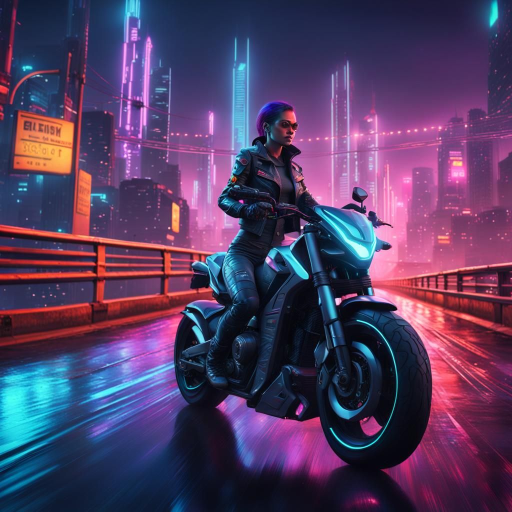 Cyberpunk Woman on Motorbike in Neon City
